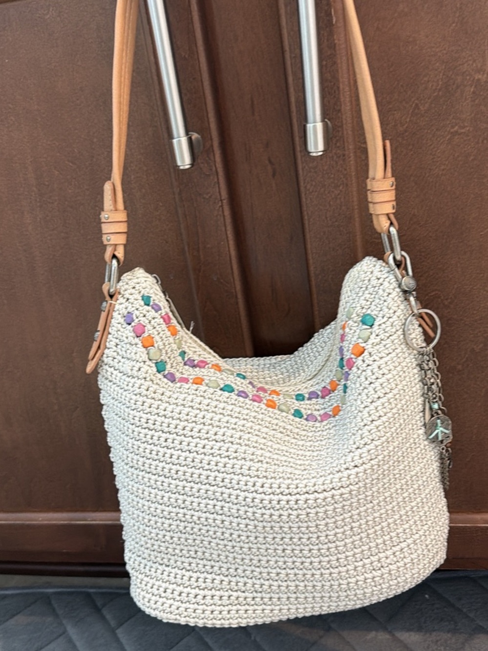 The Sak Cream Woven Shoulder Bag with Multicolor Bead Accent